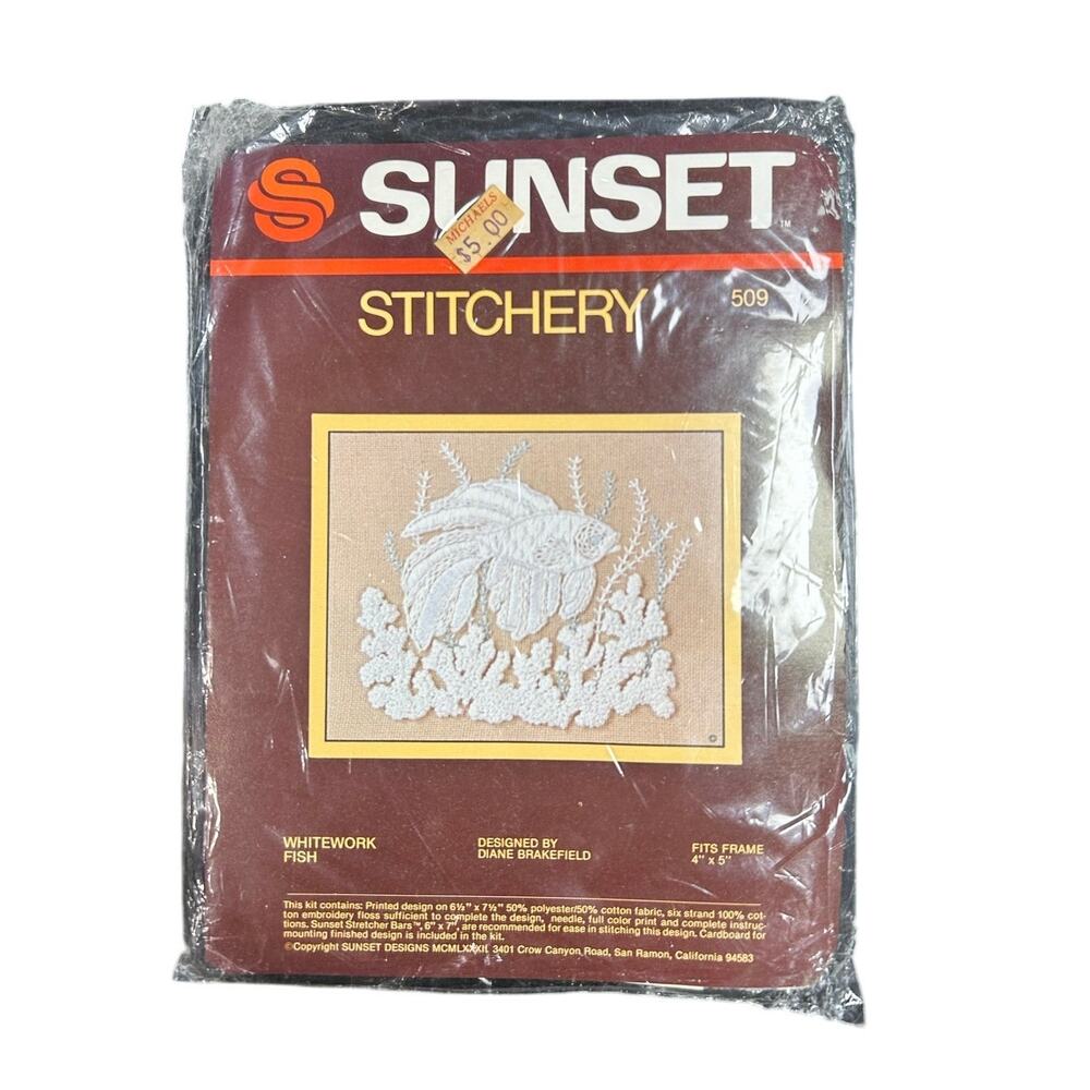 Vintage 80s Needlecraft Kit- Unopened- Sunset- Stitchery- Whitework Fish- 4x5"
